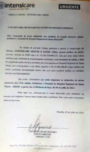 Ofício enviado à SES-DF, de cobrança de dívida e aviso de suspensão de atendimento das UTIs de Santa Maria
