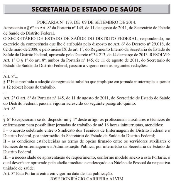 Portaria que concede as 18horas é publicada em Diário Oficial do DF