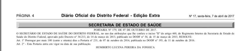 SES-DF prorroga a Portaria nº 231 por mais 180 dias