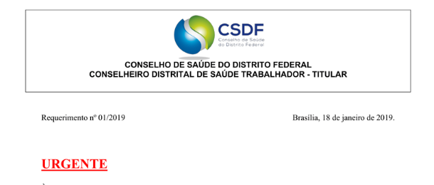 Conselheiro de Saúde que representa o SINDATE solicita convocação de reunião no CSDF para deliberar sobre criação de OHDF